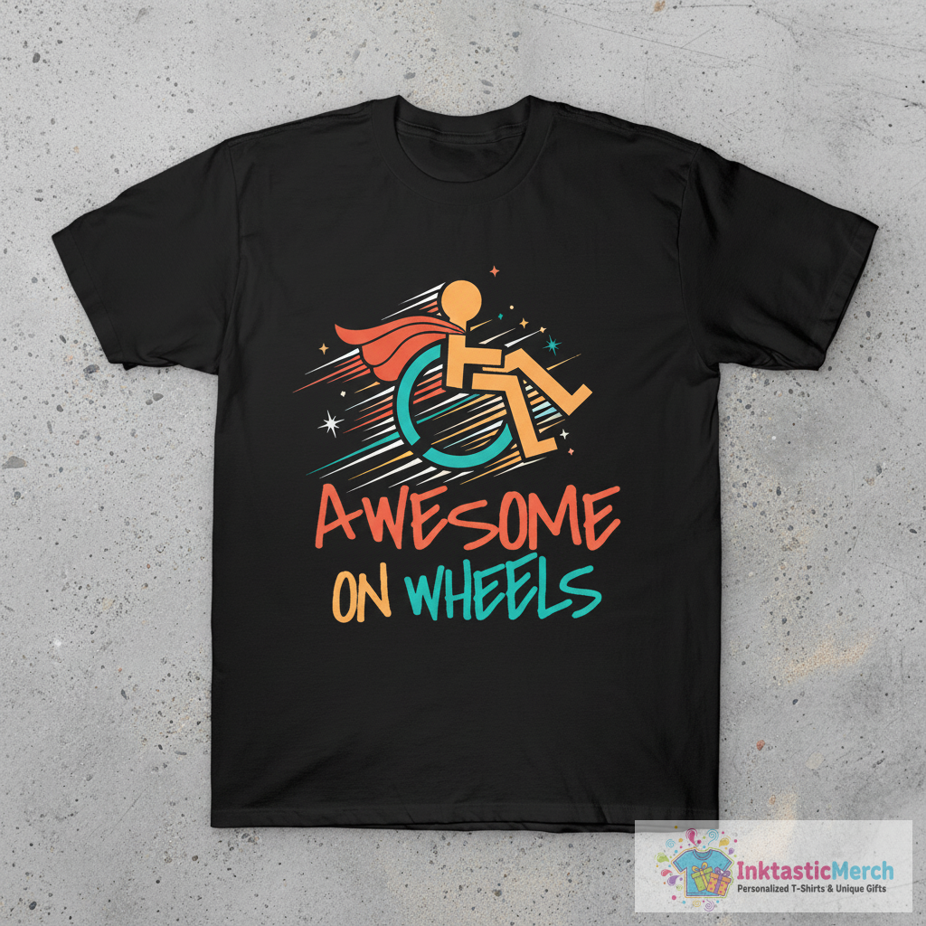 'Awesome On Wheels' Hilarous Wheelchair Gift T-Shirt 1 'Awesome On Wheels' Hilarous Wheelchair Gift T-Shirt