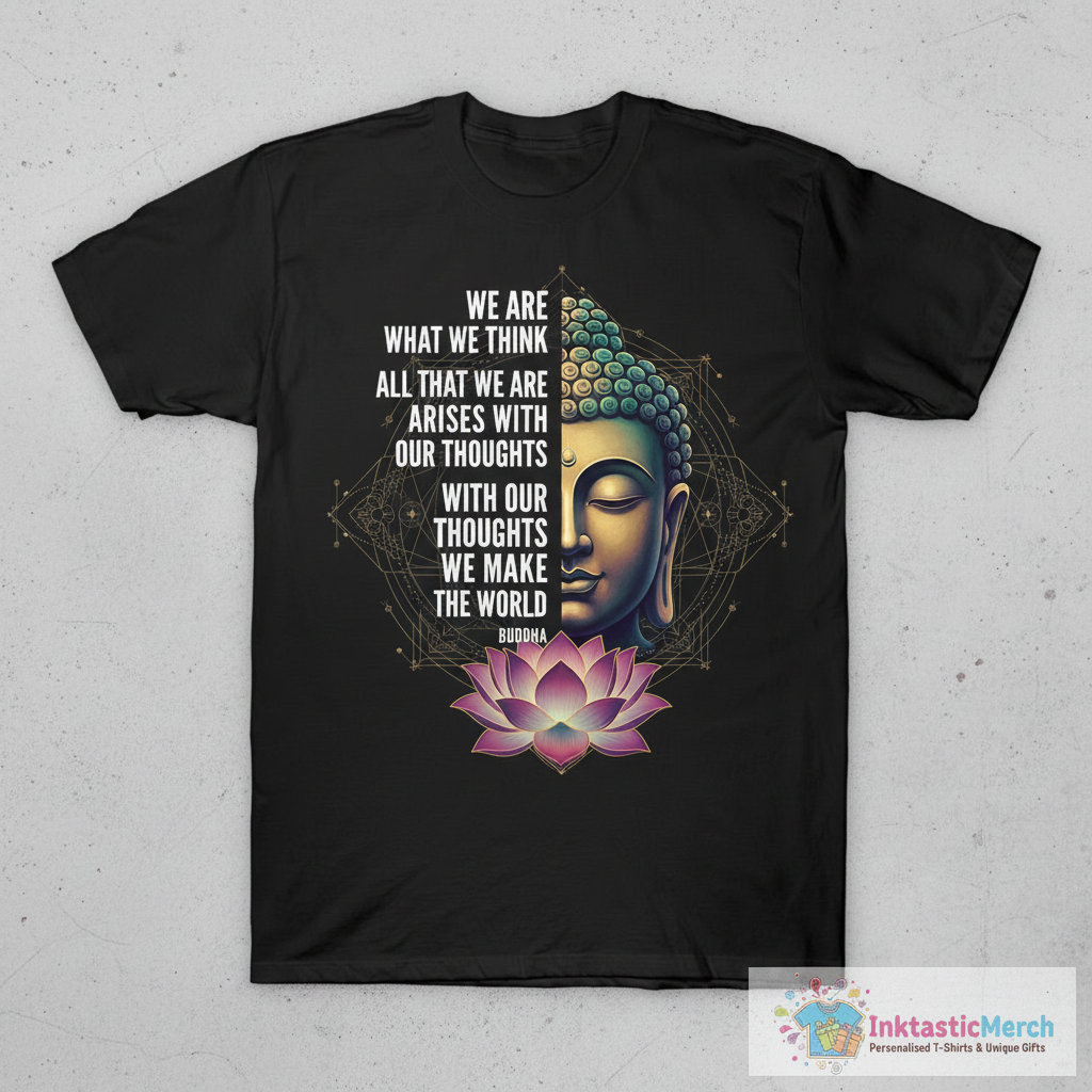 Buddha Quote: We Are What We Think T-Shirt 1 Buddha Quote: We Are What We Think T-Shirt