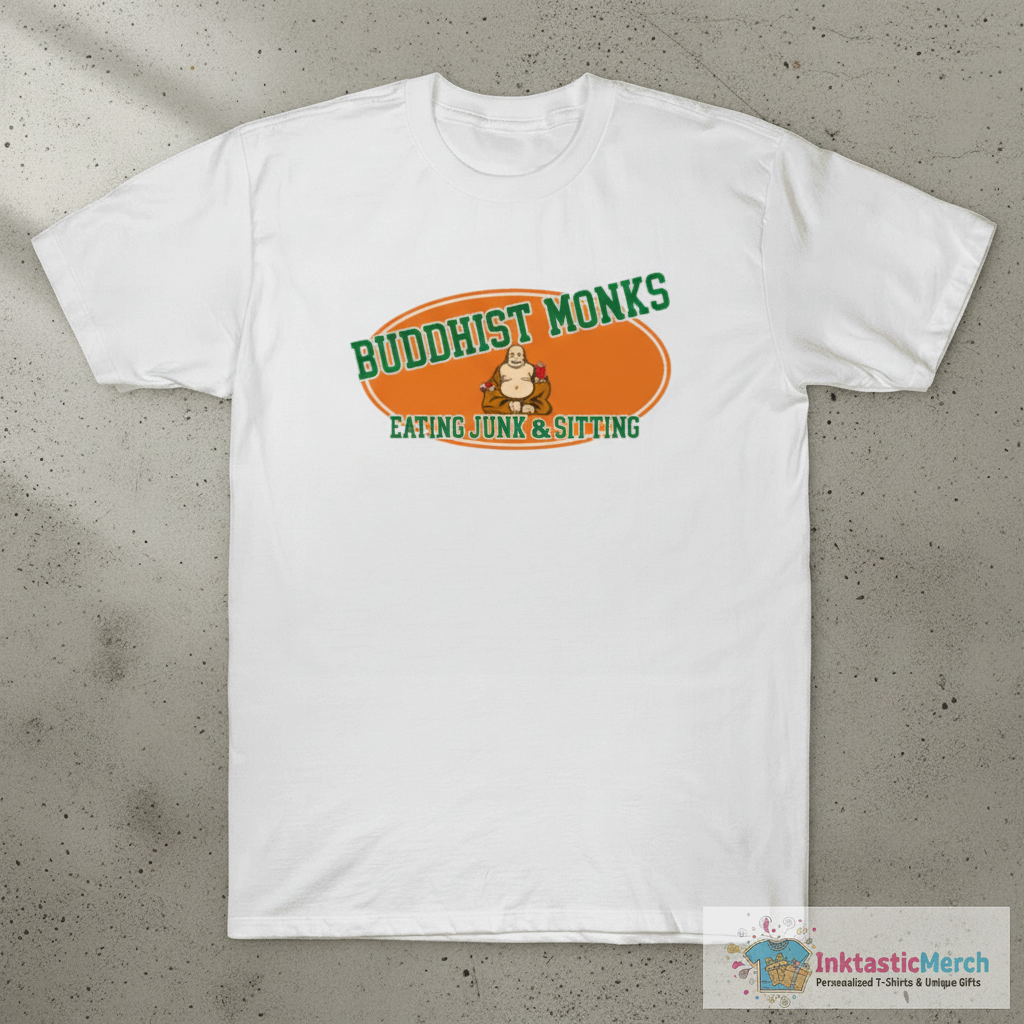 College Hunks - Buddhist Monks Eating Junk And Sitting Buddha T-Shirt 1 College Hunks - Buddhist Monks Eating Junk And Sitting Buddha T-Shirt