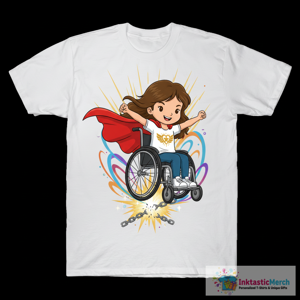 Girl In Wheelchair, Superhero Girl, Brown Hair T-Shirt 1 Girl In Wheelchair, Superhero Girl, Brown Hair T-Shirt