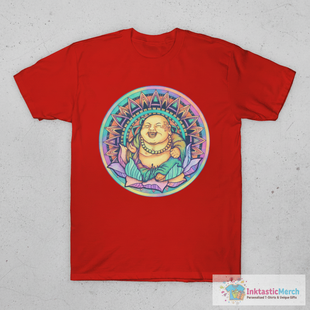 Happy Buddha Mandala - in tie dye or solids T-Shirt 1 Happy Buddha Mandala - in tie dye or solids T-Shirt