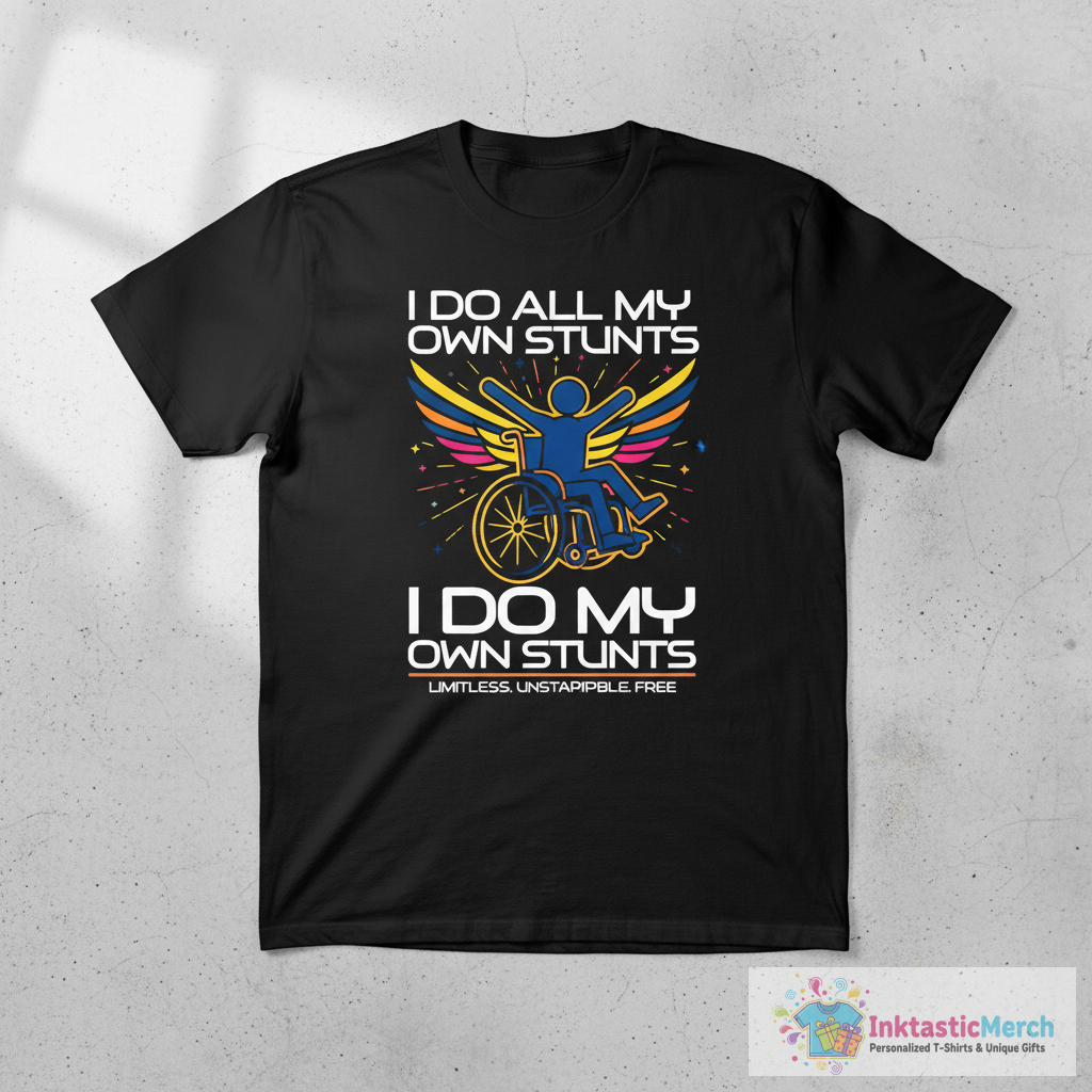 'I Do All My Stunts' Hilarous Wheelchair Gift T-Shirt 1 'I Do All My Stunts' Hilarous Wheelchair Gift T-Shirt