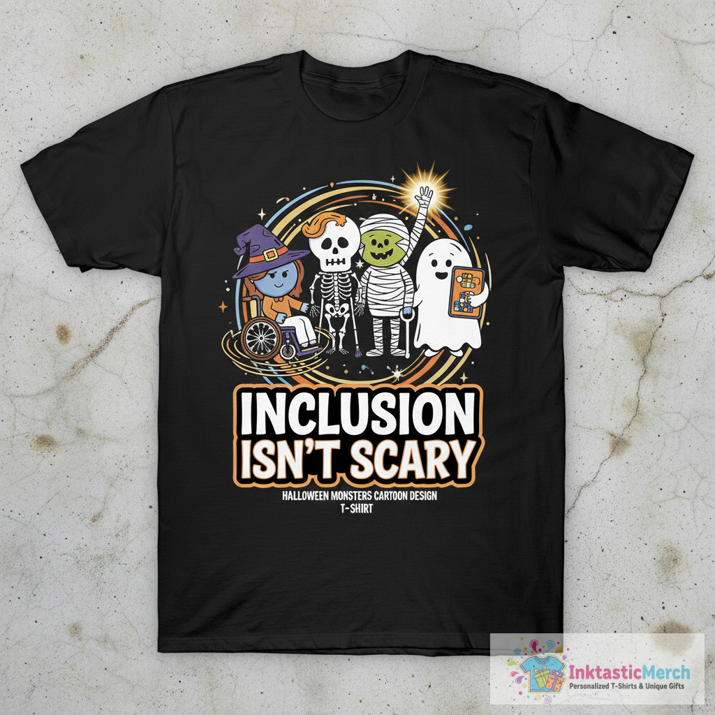 Inclusion Isn’t Scary Halloween Monsters Cartoon Design T-Shirt 1 Inclusion Isn’t Scary Halloween Monsters Cartoon Design T-Shirt
