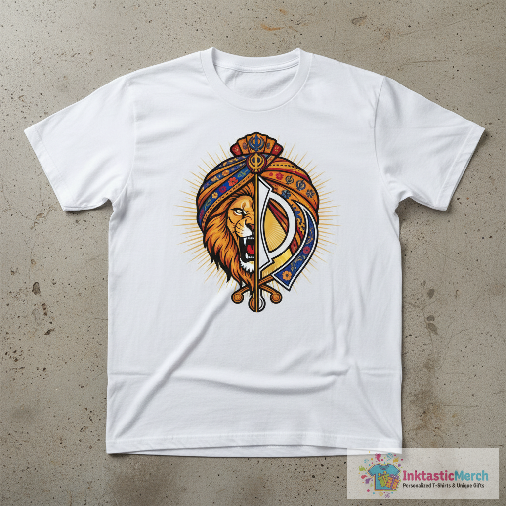 Sikh symbol khanda with Half Lion Face T-Shirt 1 Sikh symbol khanda with Half Lion Face T-Shirt