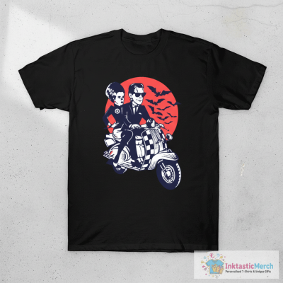 Ska-lloween Man and Women Driving Scooter at Halloween T-Shirt