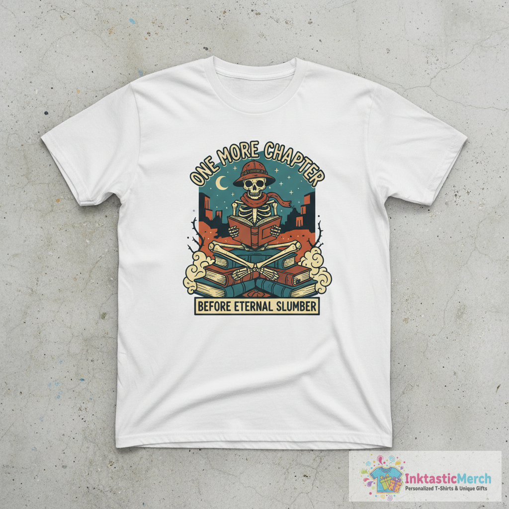Skeleton Reading a Book - One More Chapter Before Eternal Slumber T-Shirt 1 Skeleton Reading a Book - One More Chapter Before Eternal Slumber T-Shirt