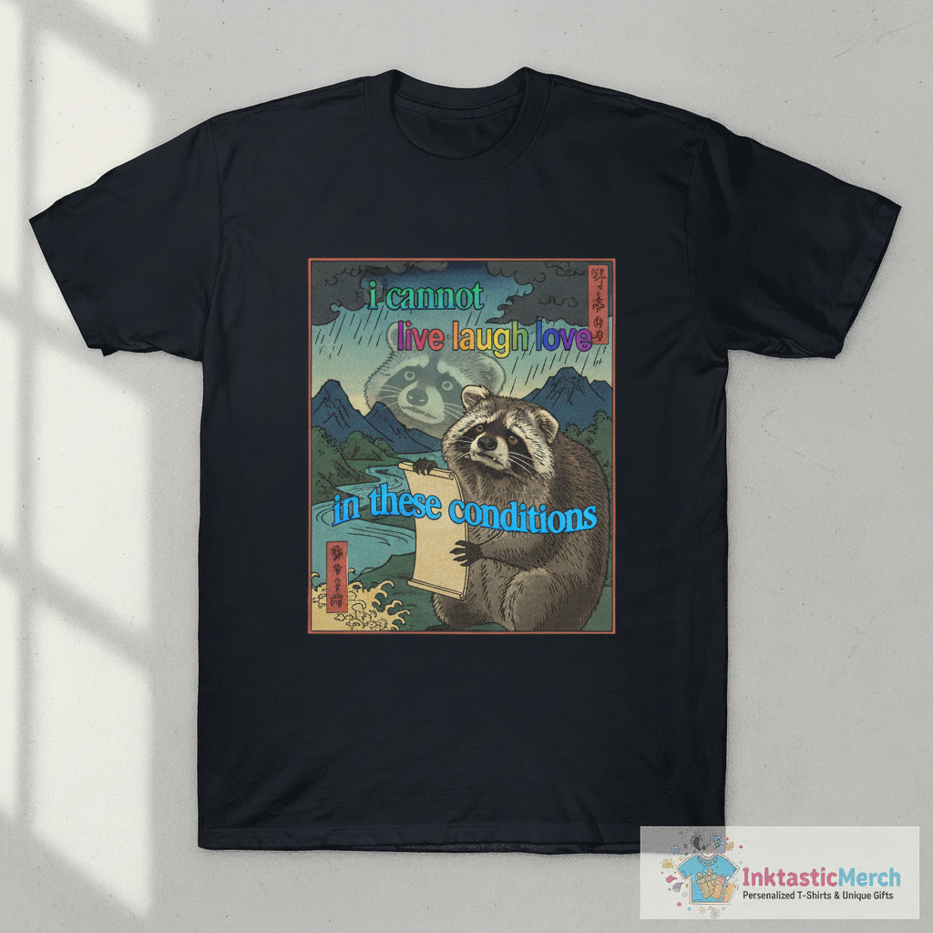 I cannot live laugh love in these conditions raccoon meme T-Shirt 1 I cannot live laugh love in these conditions raccoon meme T-Shirt