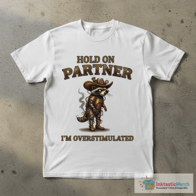 Hold On Partner I'm Overstimulated Cowboy Raccoon T-Shirt