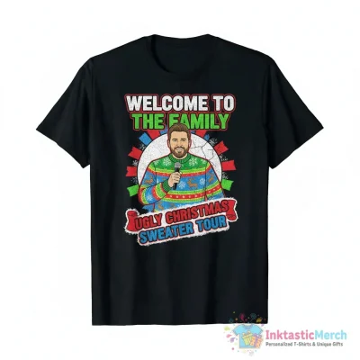 Brett Eldredge wearing welcome to the family Christmas ugly shirt - High Quality Printed T-Shirt