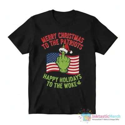 Grinch hand middle finger Merry Christmas to the patriots happy holidays to the woke shirt - High Quality Printed T-Shirt