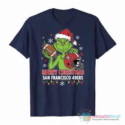 Grinch holding football and helmet San Francisco 49ers Merry Christmas shirt - High Quality Printed T-Shirt