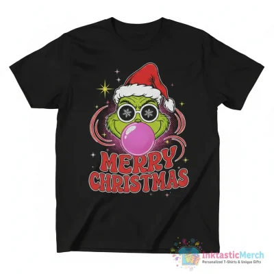 Grinch Santa blowing bubble Merry Christmas shirt - High Quality Printed T-Shirt