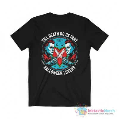 Jason Voorhees vs Michael Myers couple heart hand Halloween shirt - High Quality Printed T-Shirt