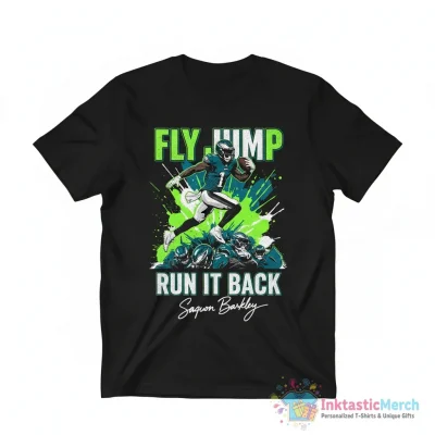 Saquon Barkley Fly Jump Philly Philadelphia Eagles Run it back signature shirt - High Quality Printed T-Shirt