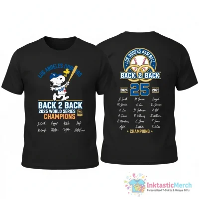 Snoopy x Los Angeles Dodgers 2025 World Series champions back 2 back team signature 2 sided shirt - High Quality Printed T-Shirt