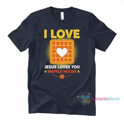 Bryce Crawford wearing I Love Jesus Jesus Loves You Waffle House shirt