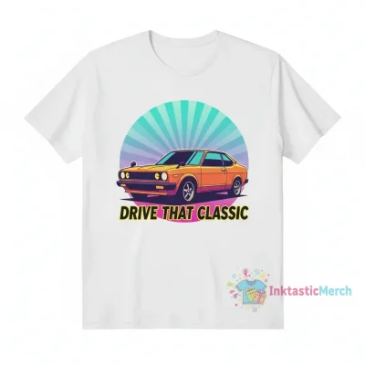 Drive That Classic featuring the Iconic Datsun B210 in orange. (light coloured background)" Essential T-Shirt