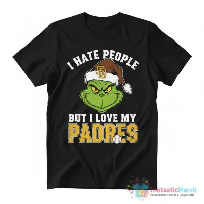 Grinch Santa hat I hate people but I love my Padres baseball team shirt - High Quality Printed T-Shirt