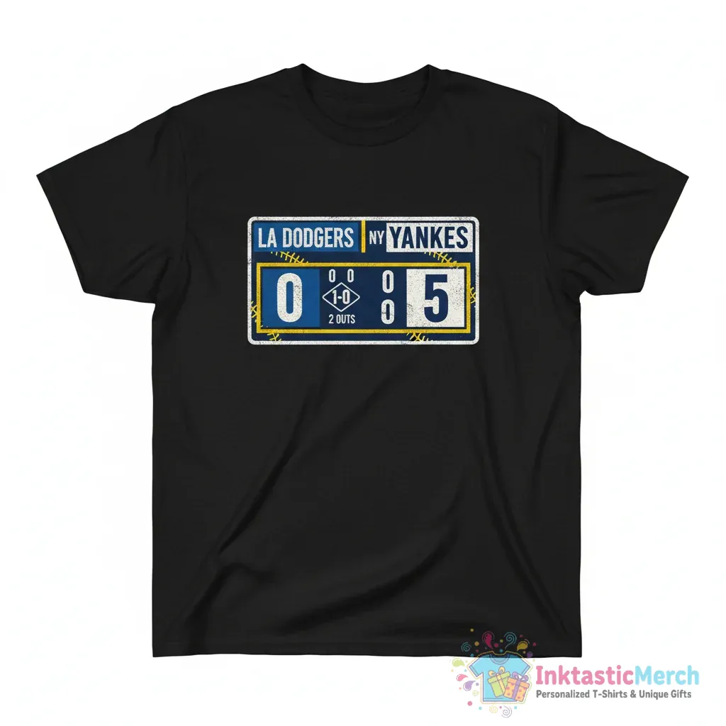 LA Dodgers vs NY Yankees 0-5 1-0 2 outs baseball match score board shirt 1 LA Dodgers vs NY Yankees 0-5 1-0 2 outs baseball match score board shirt - High Quality Printed T-Shirt