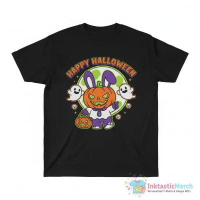 Labuboo Labubu holding pumpkin ghost spooky Happy Halloween shirt - High Quality Printed T-Shirt