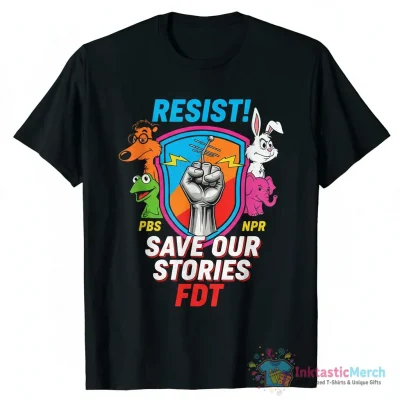 Save PBS Resist cartoon characters Activism FDT NPR shirt - High Quality Printed T-Shirt