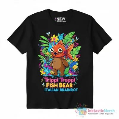 Trippi Troppi Fish Bear Italian Brainrot cartoon character portraiture in forest surrounded