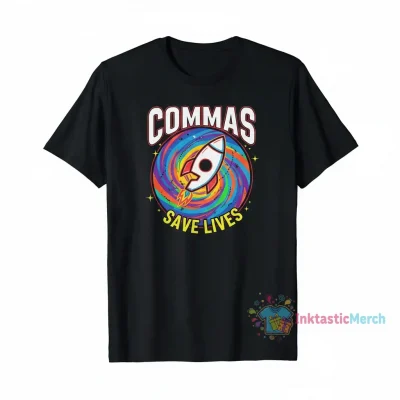 Commas Save Lives T-Shirt Funny English Punctuation Proper Grammar Men's Black Heavyweight Tee - Size S