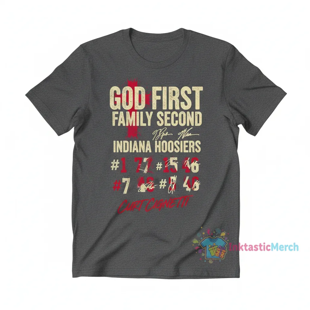 Curt Cignetti & Indiana Hoosiers Players God First Family Second Signatures T-Shirt 1 Curt Cignetti & Indiana Hoosiers Players God First Family Second Signatures T-Shirt