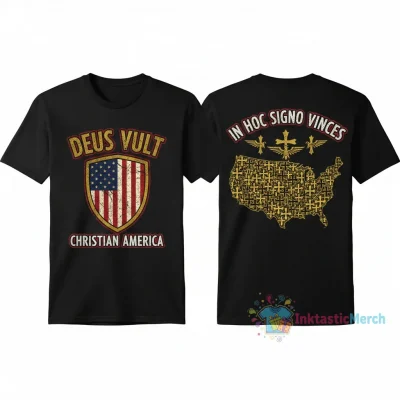 Deus Vult Christian America Flag 2-Sided T-Shirt | Patriotic Christian Apparel