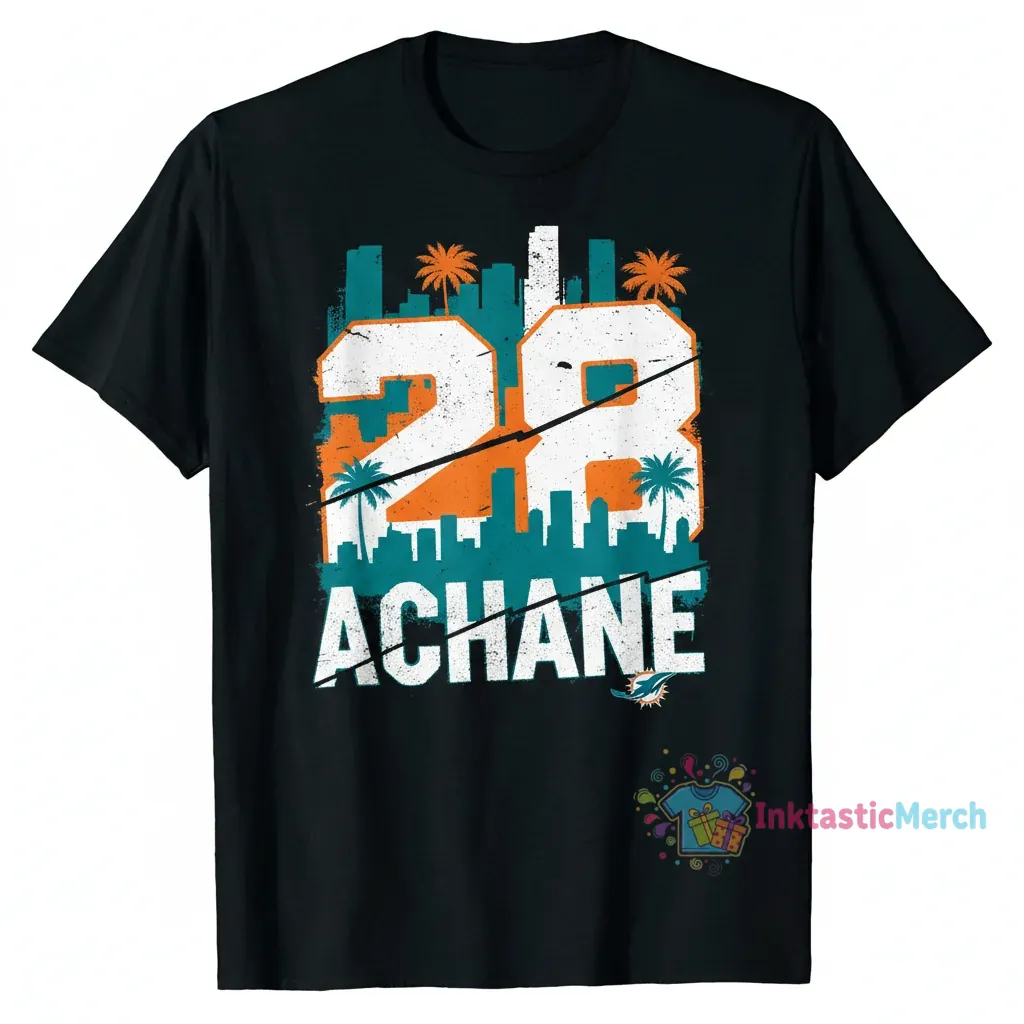 De'Von Achane 28 Miami Dolphins NFL Football Skyline Graphic Shirt 1 De'Von Achane 28 Miami Dolphins NFL Football Skyline Graphic Shirt