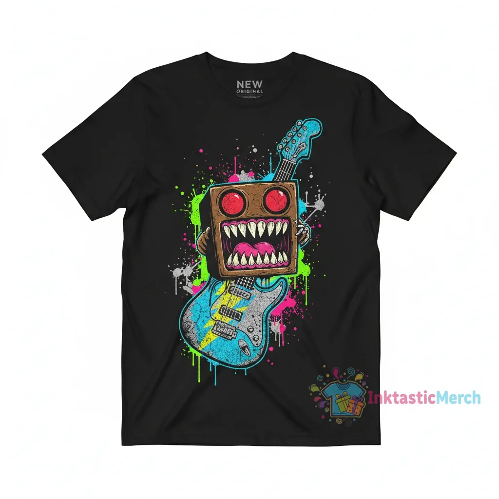 Domo Kun Guitar Face T-Shirt - Trendy Cartoon Monster Eyes Graphic Tee (Men's Classic Fit, Black) 1 Domo Kun Guitar Face T-Shirt - Trendy Cartoon Monster Eyes Graphic Tee (Men's Classic Fit, Black)