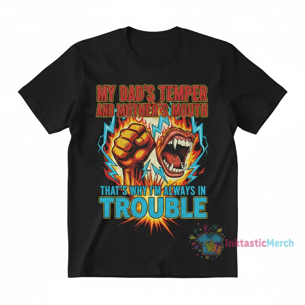 Dad's Temper, Mom's Mouth Funny T-Shirt - Always in Trouble Slogan Tee 1 Dad's Temper, Mom's Mouth Funny T-Shirt - Always in Trouble Slogan Tee