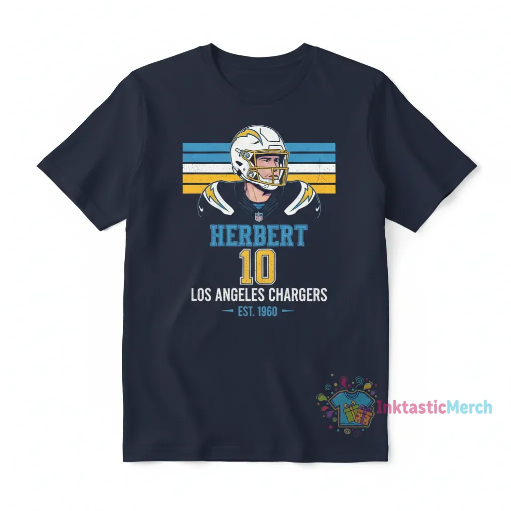 Justin Herbert Los Angeles Chargers Vintage Player Stripes T-Shirt 1 Justin Herbert Los Angeles Chargers Vintage Player Stripes T-Shirt