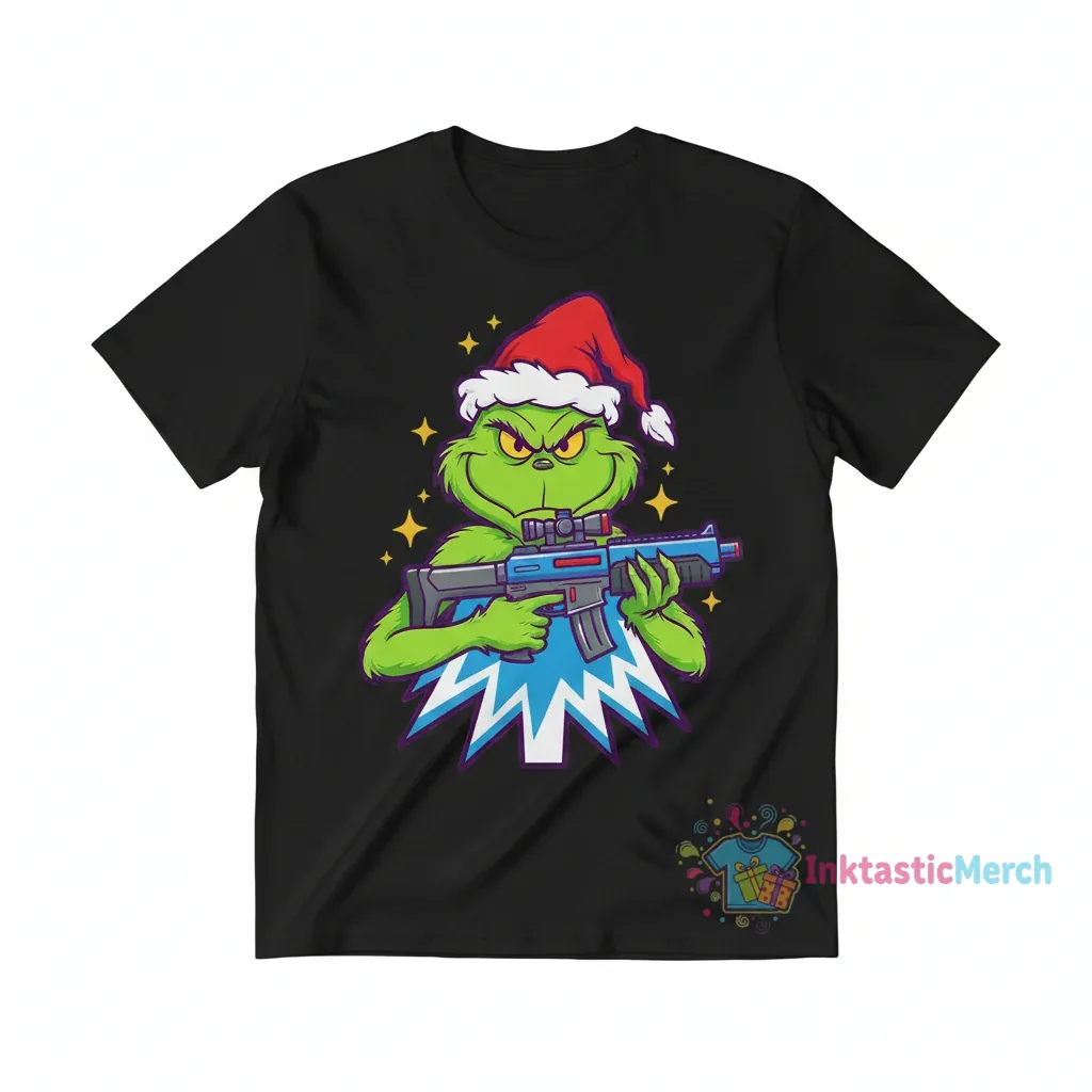 The Mean One Grinch Holding a Gun: A Festive Statement Shirt 1 The Mean One Grinch Holding a Gun: A Festive Statement Shirt