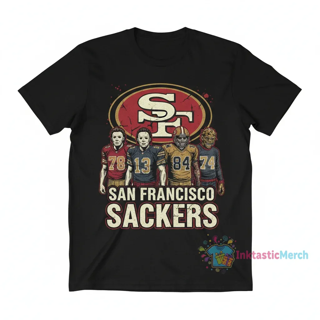 Michael Myers, Jason Voorhees, Freddy Krueger, Leatherface & 49ers T-Shirt 1 Michael Myers, Jason Voorhees, Freddy Krueger, Leatherface & 49ers T-Shirt