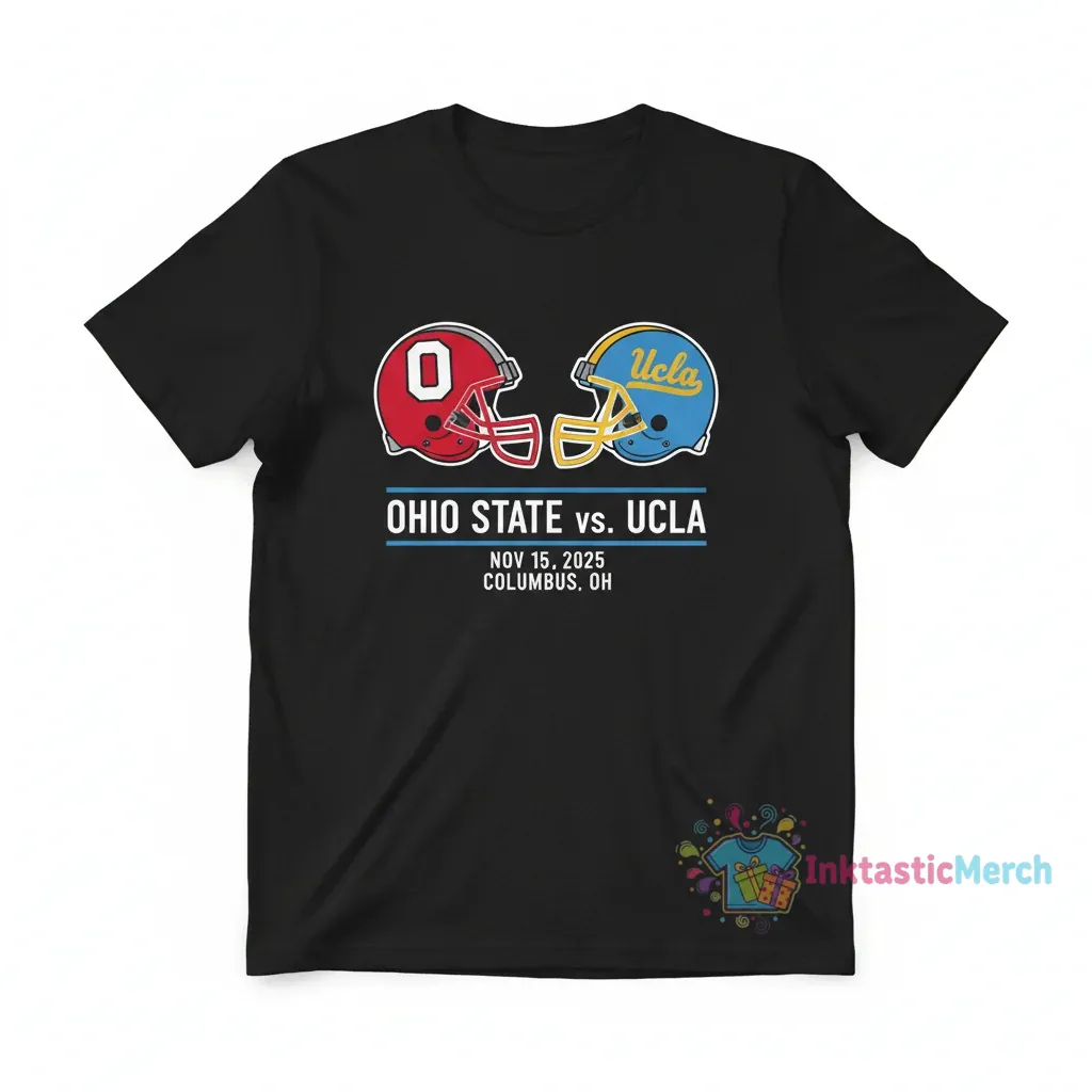 Ohio State Buckeyes vs UCLA Bruins 2025 Football Helmet T-Shirt 1 Ohio State Buckeyes vs UCLA Bruins 2025 Football Helmet T-Shirt