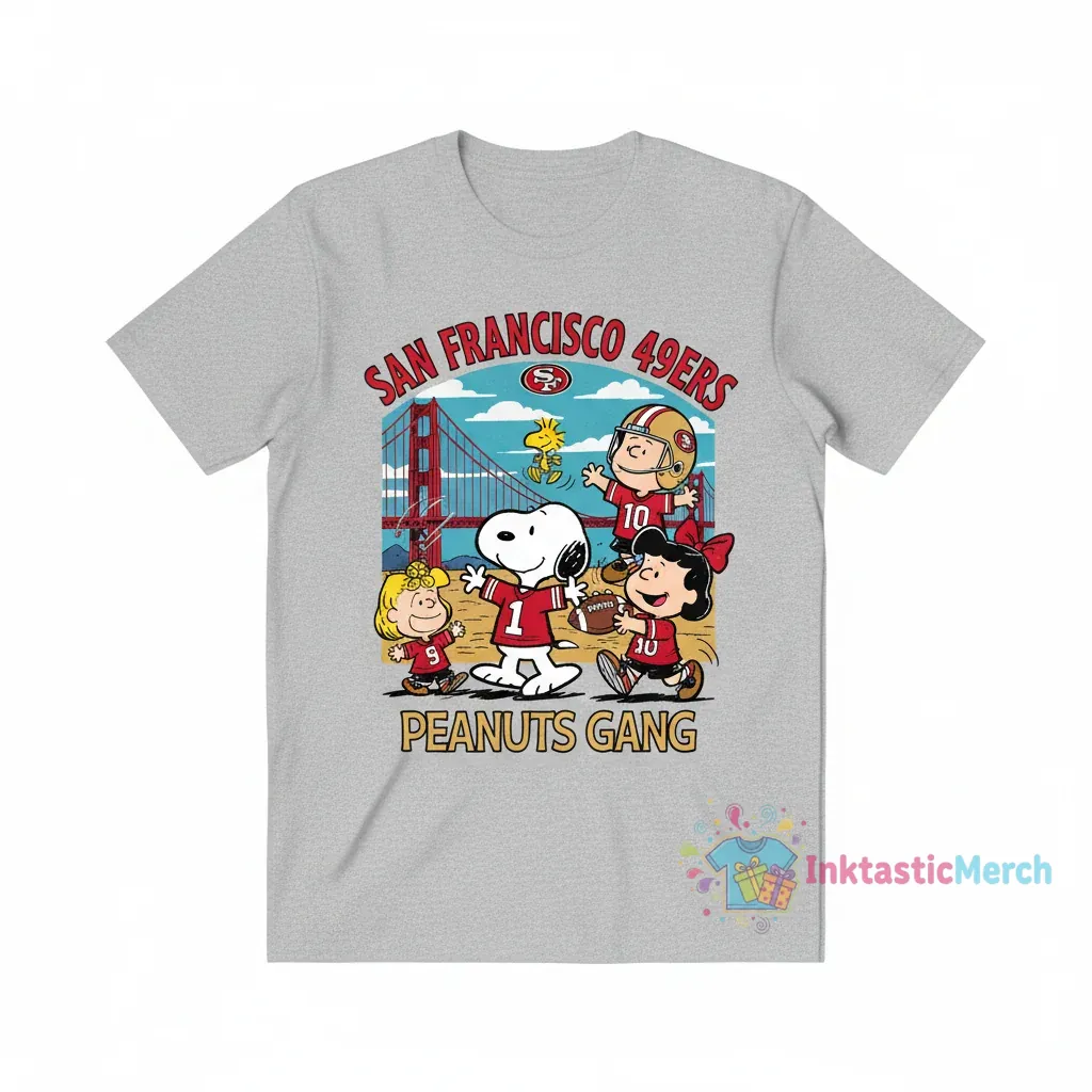San Francisco 49ers Snoopy Charlie Brown & Friends Tee: A Touchdown of Nostalgia 1 San Francisco 49ers Snoopy Charlie Brown & Friends Tee: A Touchdown of Nostalgia