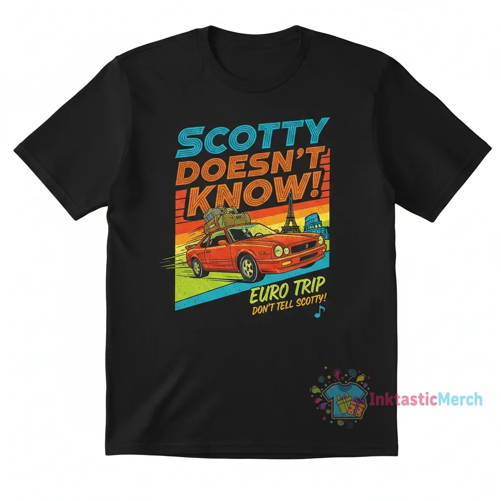 Scotty Doesn't Know Euro Trip Men's Heavyweight T-Shirt - Black, Size S 1 Scotty Doesn't Know Euro Trip Men's Heavyweight T-Shirt - Black, Size S