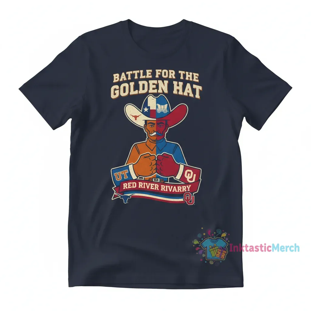Texas Longhorns vs. Oklahoma Sooners Red River Rivalry Golden Hat T-Shirt 1 Texas Longhorns vs. Oklahoma Sooners Red River Rivalry Golden Hat T-Shirt