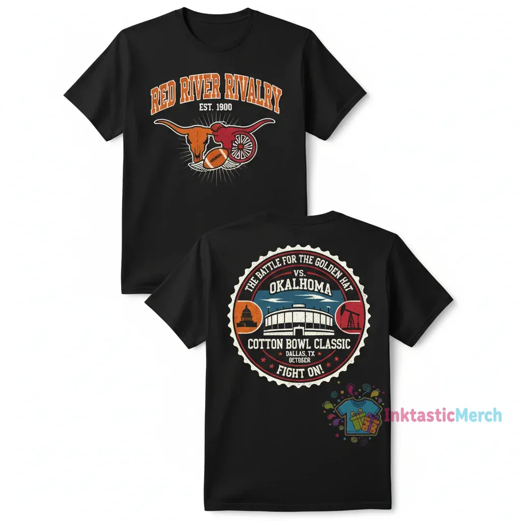 Texas Longhorns vs. Oklahoma Sooners Red River Rivalry: Official 2-Sided Stadium Matchup Shirt 1 Texas Longhorns vs. Oklahoma Sooners Red River Rivalry: Official 2-Sided Stadium Matchup Shirt