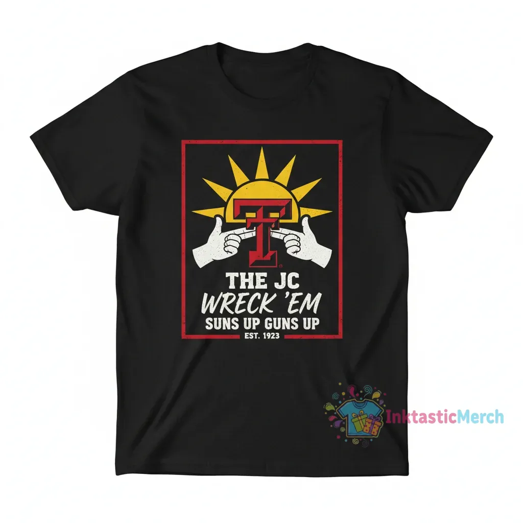Texas Tech Red Raiders The JC 'Wreck 'Em' Suns Up Guns Up 1923 Football T-Shirt 1 Texas Tech Red Raiders The JC 'Wreck 'Em' Suns Up Guns Up 1923 Football T-Shirt