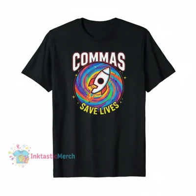 Commas Save Lives T-Shirt Funny English Punctuation Proper Grammar Men's Black Heavyweight Tee - Size S