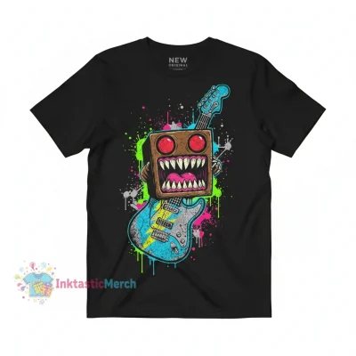 Domo Kun Guitar Face T-Shirt - Trendy Cartoon Monster Eyes Graphic Tee (Men's Classic Fit, Black)