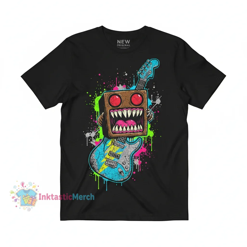 Domo Kun Guitar Face T-Shirt - Trendy Cartoon Monster Eyes Graphic Tee (Men's Classic Fit, Black) 1 Domo Kun Guitar Face T-Shirt - Trendy Cartoon Monster Eyes Graphic Tee (Men's Classic Fit, Black)