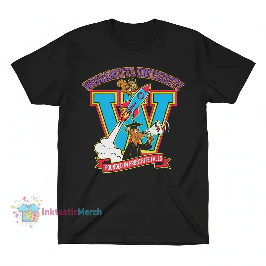 Rocky & Bullwinkle Wossamotta U Logo Heavyweight Men's T-Shirt - Black, Size S 1 Rocky & Bullwinkle Wossamotta U Logo Heavyweight Men's T-Shirt - Black, Size S